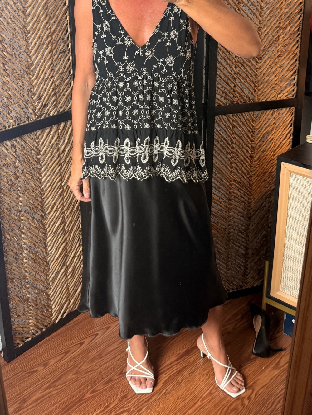 American Eagle Outfitters Black Midi Dress with Cream Embroidery